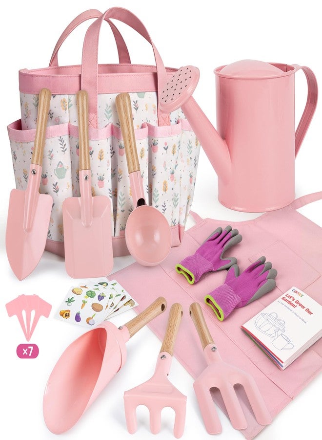 Cossy Kids Gardening Set, 13PCS Garden Tool Kit for Kids and Toddlers Boys Girls, Includes Tote Bag, Watering Can, Shovels, Rake, Kids Gardening Gloves, Apron and More, Pink - Image 1