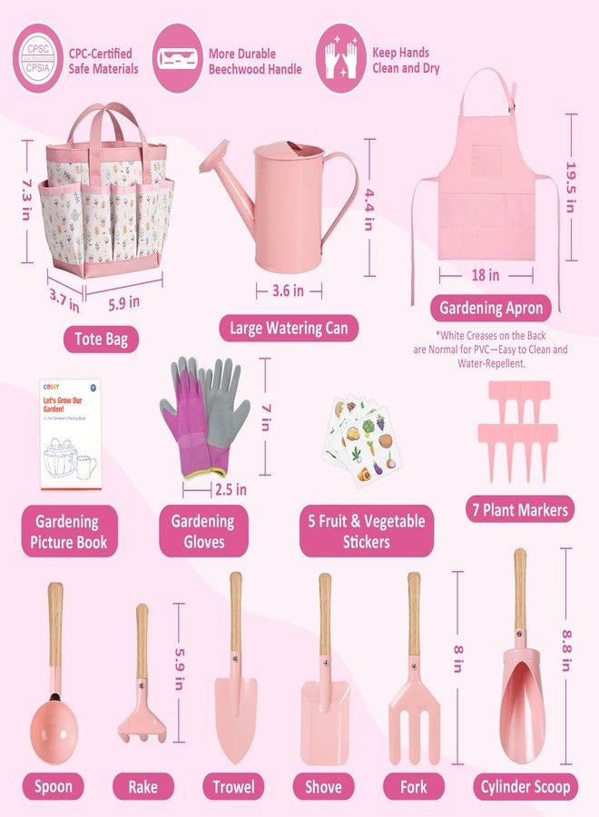 Cossy Kids Gardening Set, 13PCS Garden Tool Kit for Kids and Toddlers Boys Girls, Includes Tote Bag, Watering Can, Shovels, Rake, Kids Gardening Gloves, Apron and More, Pink - Image 3