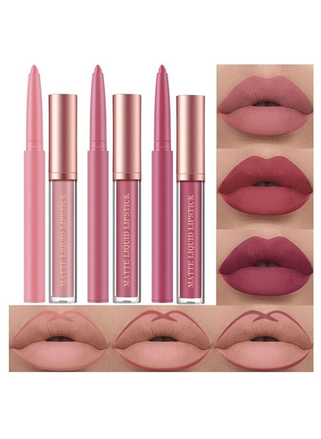 Bestland - 6Pcs Matte Liquid Lipstick and Lip Liner Set, Non-Stick Cup Not Fade Waterproof Nude lipstick Makeup Kits Velvety Nude Lipliner Lip Gloss Make Up Gift Set (Set A) - Image 1