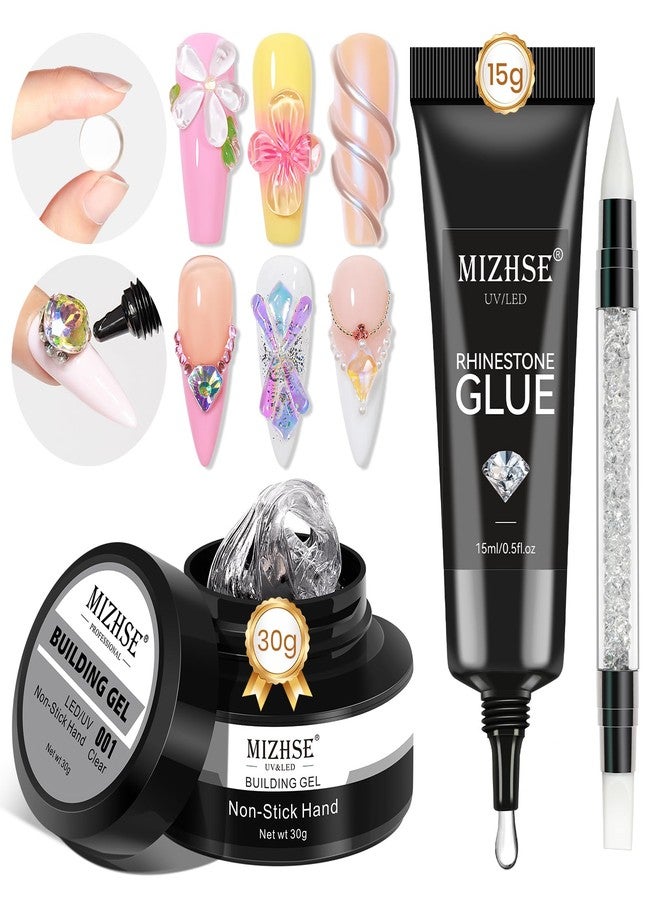 MIZHSE جيل بناء صلب مزيه 30 جرام للأظافر وغراء رينستون 15 جرام، جل بناء أظافر صلب شفاف، جل تشكيل ثلاثي الأبعاد غير لاصق للأظافر، غراء سحر الأظافر ثلاثي الأبعاد، صالون فنون منزلية DIY - Image 1
