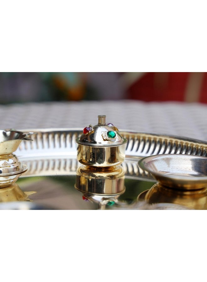 RUSTIC RELICS تحف ريفية صينية بوجا نحاسية 9 بوصة مع ديا مرفق، 2 وعاء، حامل عود، ووعاء كُمكُم بتشطيب ذهبي - Image 3