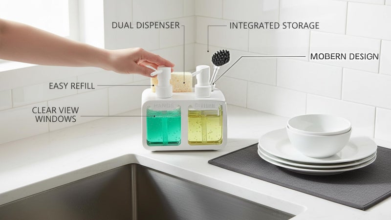 BASEEFY Kitchen Sink Soap Dispenser Set – Dual Pump for Hand & Dish Soap, Sponge & Brush Holder, Refillable Sink Organizer (White) - Image 3
