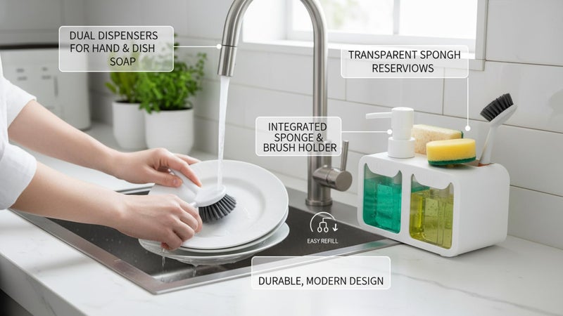 BASEEFY Kitchen Sink Soap Dispenser Set – Dual Pump for Hand & Dish Soap, Sponge & Brush Holder, Refillable Sink Organizer (White) - Image 5