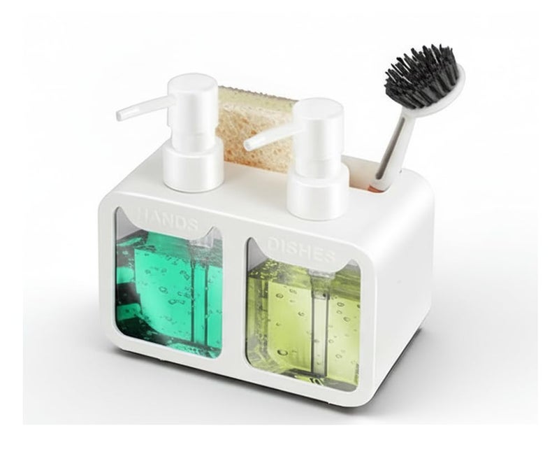 BASEEFY Kitchen Sink Soap Dispenser Set – Dual Pump for Hand & Dish Soap, Sponge & Brush Holder, Refillable Sink Organizer (White) - Image 1
