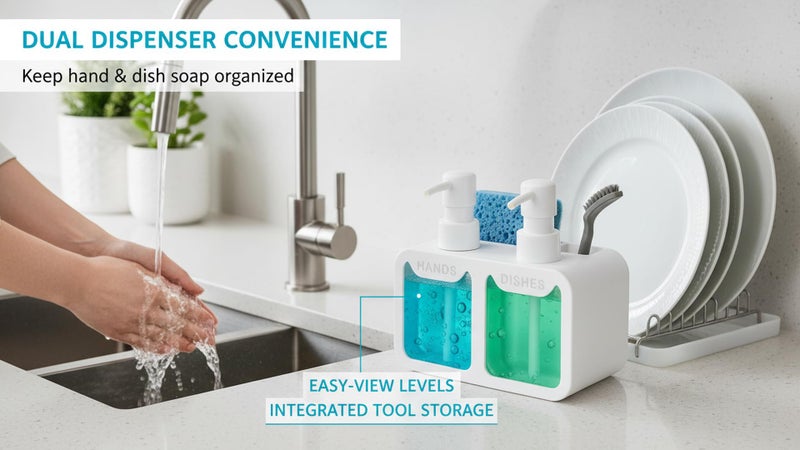 BASEEFY Kitchen Sink Soap Dispenser Set – Dual Pump for Hand & Dish Soap, Sponge & Brush Holder, Refillable Sink Organizer (White) - Image 2