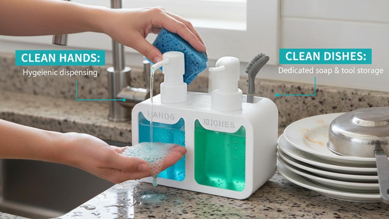 BASEEFY Kitchen Sink Soap Dispenser Set – Dual Pump for Hand & Dish Soap, Sponge & Brush Holder, Refillable Sink Organizer (White) - Image 4