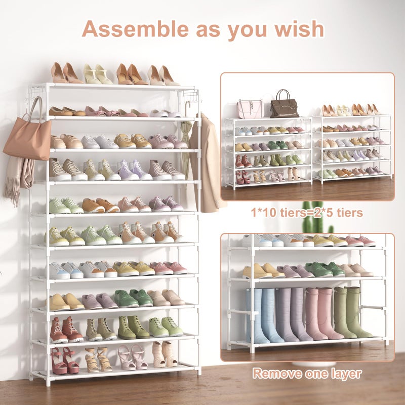 LANTEFUL 10 Tiers Shoe Rack 50 Pairs Large Capacity Tall Shoe Organizer Sturdy Shoe Storage with Two Hooks Space Saving Metal Wide Shoe Rack for Closet, Entryway, Bedroom, White - Image 5