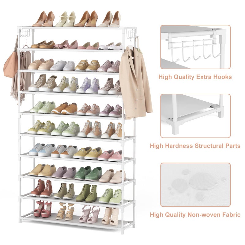 LANTEFUL 10 Tiers Shoe Rack 50 Pairs Large Capacity Tall Shoe Organizer Sturdy Shoe Storage with Two Hooks Space Saving Metal Wide Shoe Rack for Closet, Entryway, Bedroom, White - Image 4
