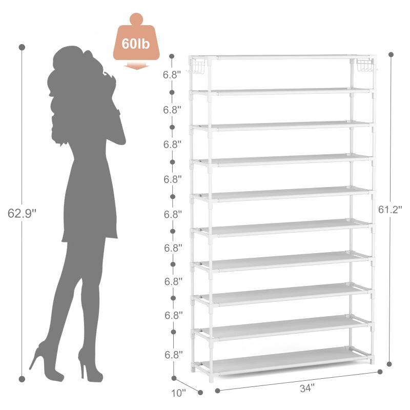 LANTEFUL 10 Tiers Shoe Rack 50 Pairs Large Capacity Tall Shoe Organizer Sturdy Shoe Storage with Two Hooks Space Saving Metal Wide Shoe Rack for Closet, Entryway, Bedroom, White - Image 3