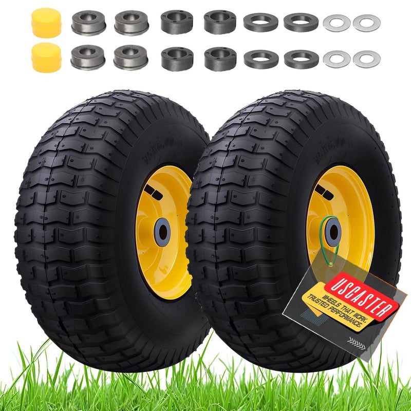 USCaster 15x6.00-6nhs Lawn Mower Tires (2 Pack),Replacement Riding Lawn Mower Front Tires - With 3" Centered Hub and 3/4" Bushings,Extra 5/8" Bushings(Yellow) - Image 1