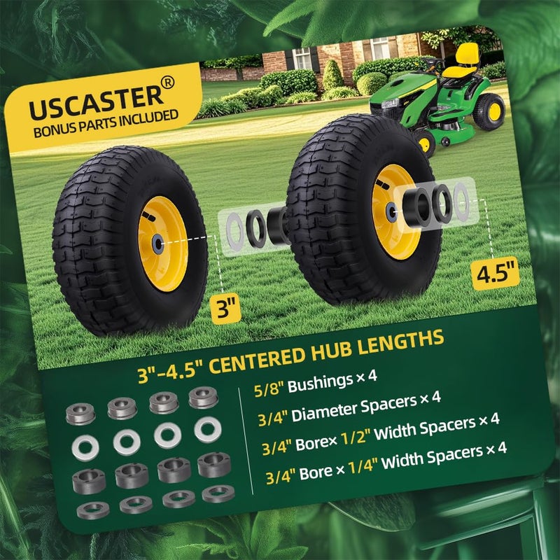 USCaster 15x6.00-6nhs Lawn Mower Tires (2 Pack),Replacement Riding Lawn Mower Front Tires - With 3" Centered Hub and 3/4" Bushings,Extra 5/8" Bushings(Yellow) - Image 4