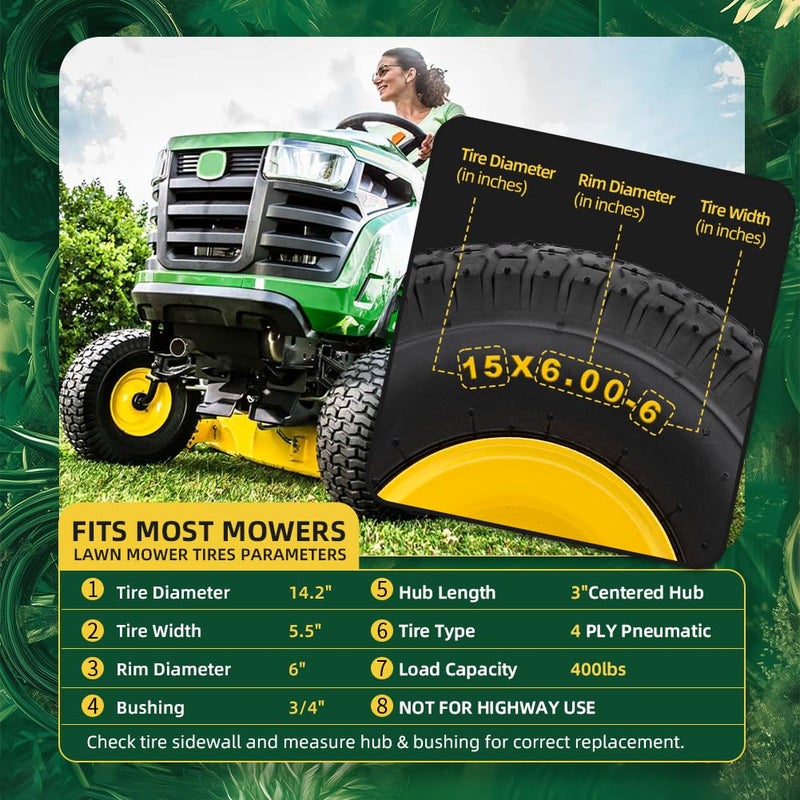 USCaster 15x6.00-6nhs Lawn Mower Tires (2 Pack),Replacement Riding Lawn Mower Front Tires - With 3" Centered Hub and 3/4" Bushings,Extra 5/8" Bushings(Yellow) - Image 2