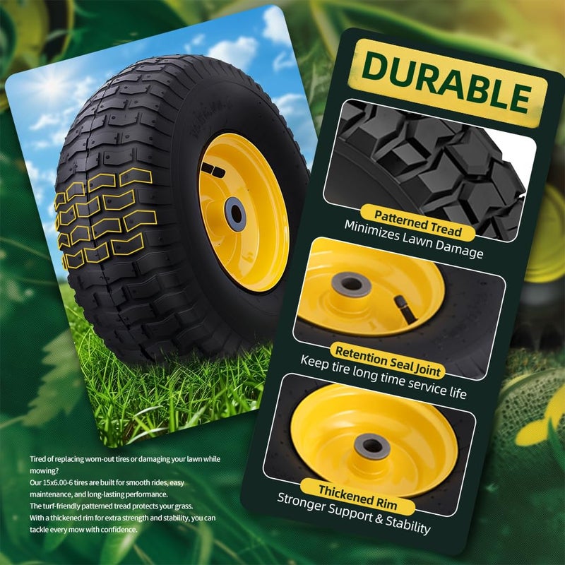 USCaster 15x6.00-6nhs Lawn Mower Tires (2 Pack),Replacement Riding Lawn Mower Front Tires - With 3" Centered Hub and 3/4" Bushings,Extra 5/8" Bushings(Yellow) - Image 3