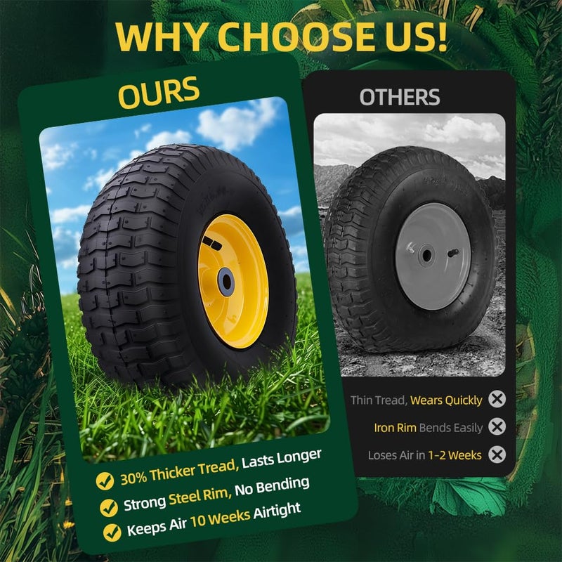 USCaster 15x6.00-6nhs Lawn Mower Tires (2 Pack),Replacement Riding Lawn Mower Front Tires - With 3" Centered Hub and 3/4" Bushings,Extra 5/8" Bushings(Yellow) - Image 5