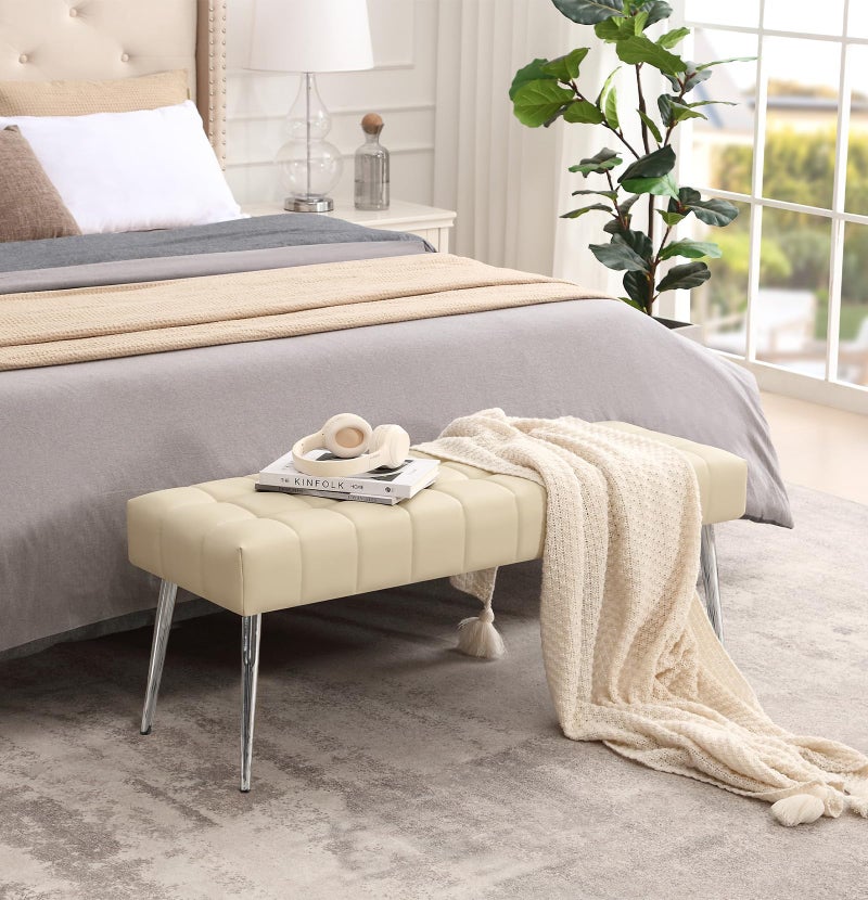 Apicizon 44.5â€Entryway Bench, Soft Faux Leather Indoor Bench with Metal Legs, Modern Cushion Ottoman Bench for Bedroom, Living Room, Entrance, Dining Room, Beige - Image 4