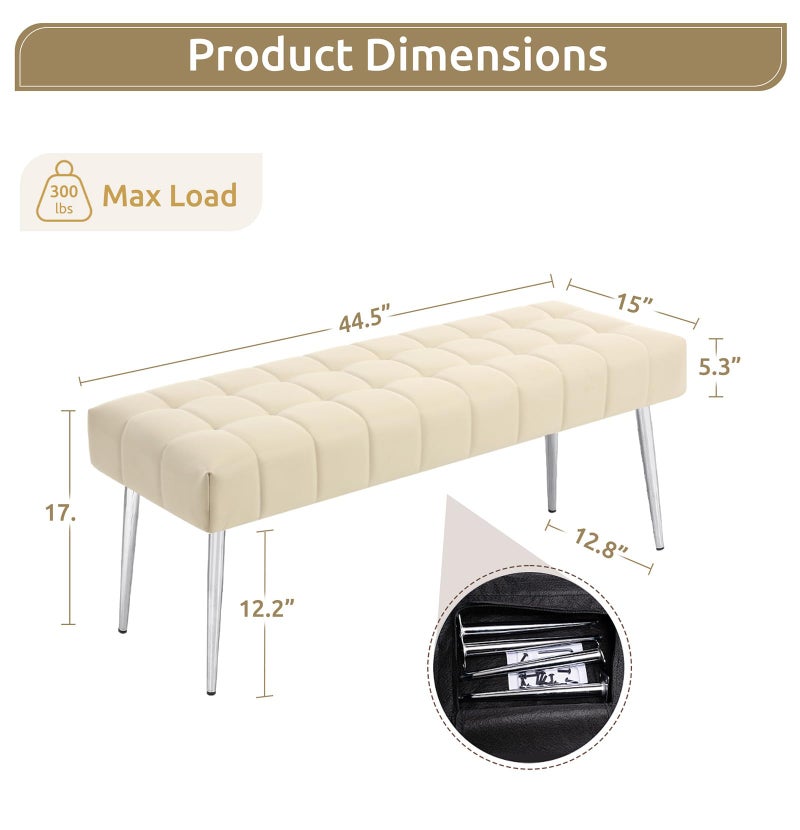 Apicizon 44.5â€Entryway Bench, Soft Faux Leather Indoor Bench with Metal Legs, Modern Cushion Ottoman Bench for Bedroom, Living Room, Entrance, Dining Room, Beige - Image 3