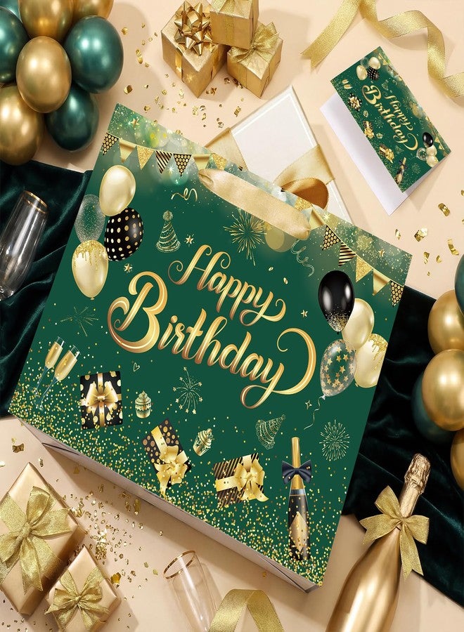 Woosytoo حقيبة هدايا عيد ميلاد باللون الأخضر الذهبي، حقيبة هدايا زمردية مع ورق تغليف ذهبي وبطاقة تهنئة للرجال والنساء، حقيبة تغليف باللون الأخضر الذهبي لتزيين حفلات أعياد الميلاد، ديكورات أنيقة للحفلات والاحتفالات - Image 5