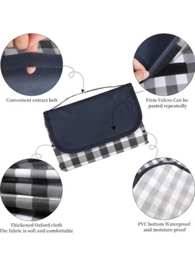 Picnic Mat Picnic Blanket Waterproof Beach Rug 200cmx200cm Picnic Mat Washable Lightweight with Handle Navy Blue Checkered for Hiking Travelling Outdoor Camping,Parks - Image 3