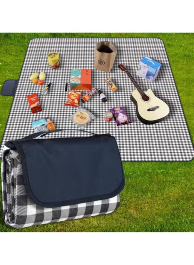 Picnic Mat Picnic Blanket Waterproof Beach Rug 200cmx200cm Picnic Mat Washable Lightweight with Handle Navy Blue Checkered for Hiking Travelling Outdoor Camping,Parks - Image 1