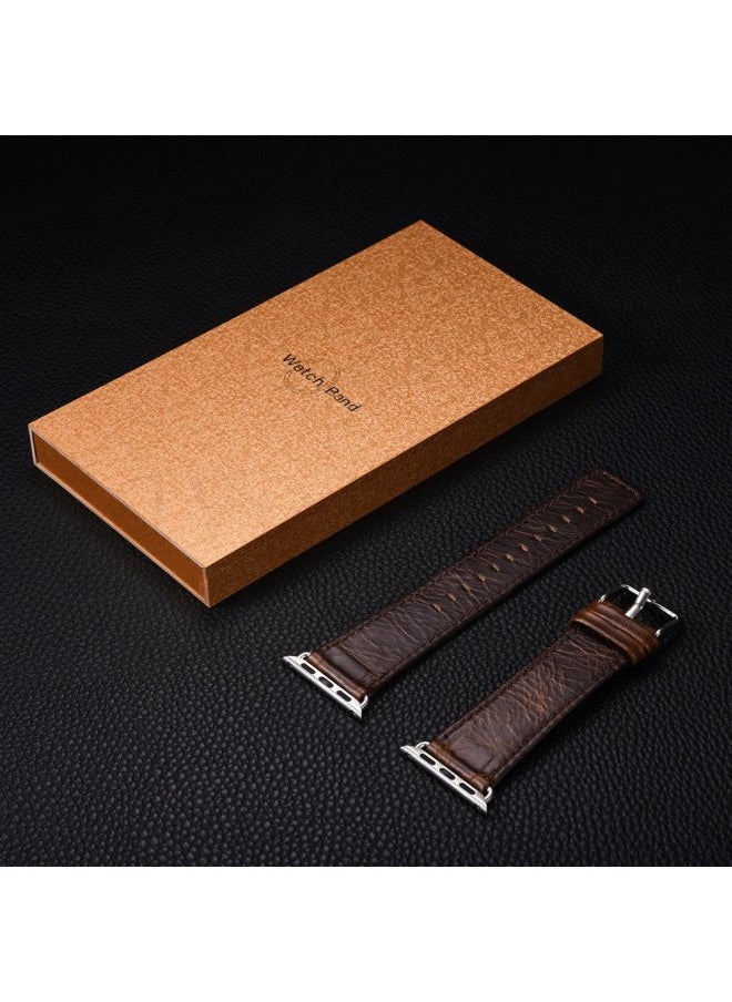 Generic - For Apple Watch Apple Watch Strap IWatch Crazy Horse Pattern Genuine Leather With Wooden Box Packaging-Color:Square Tail 42mm (series 3)/44mm/45mm/46mm/49mm Dark Brown - Image 1