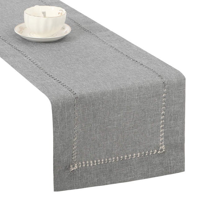 DECORATIVE HEMSTITCH LINEN TABLE RUNNER FARMHOUSE STYLE TABLETOP COLLECTION HANDCRAFTED TABLE RUNNERS FOR EVERYDAY DINING WEDDING PARTY HOLIDAY HOME DECOR 14 X 72 INCHES GREY