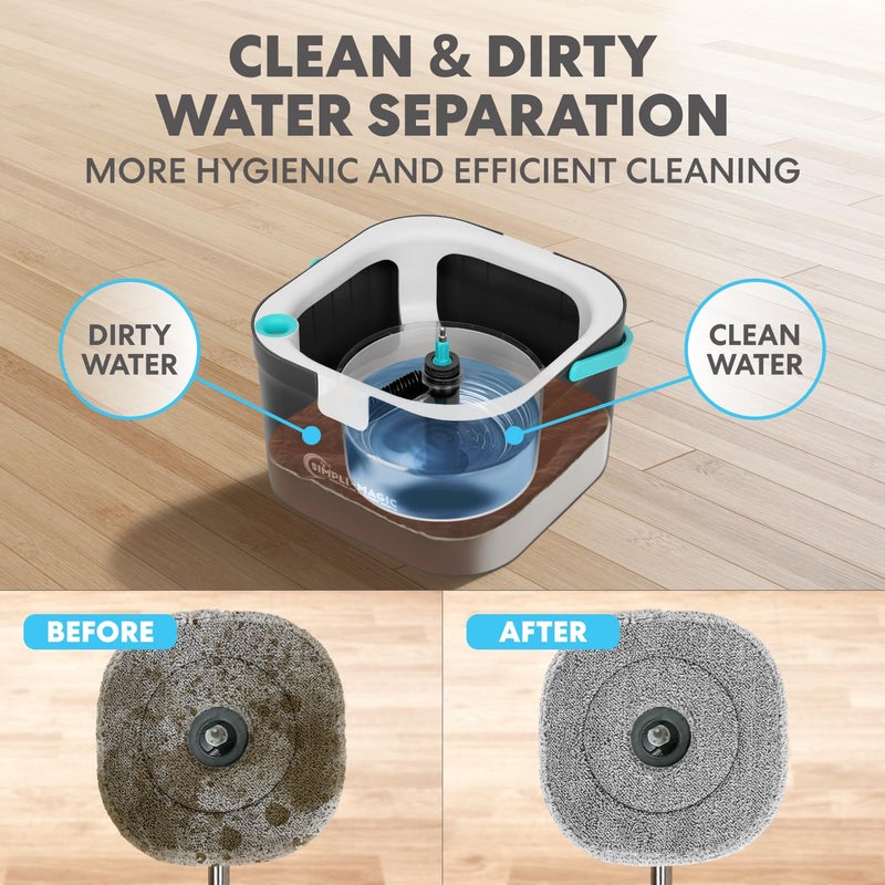 Simpli-Magic 360Â° Square Spin Mop and Bucket System â€“ Dual Compartment, Separate Clean & Dirty Water â€“ 3 High-Absorbent Microfiber Washable Heads â€“ All Types Floor Cleaning - Image 2