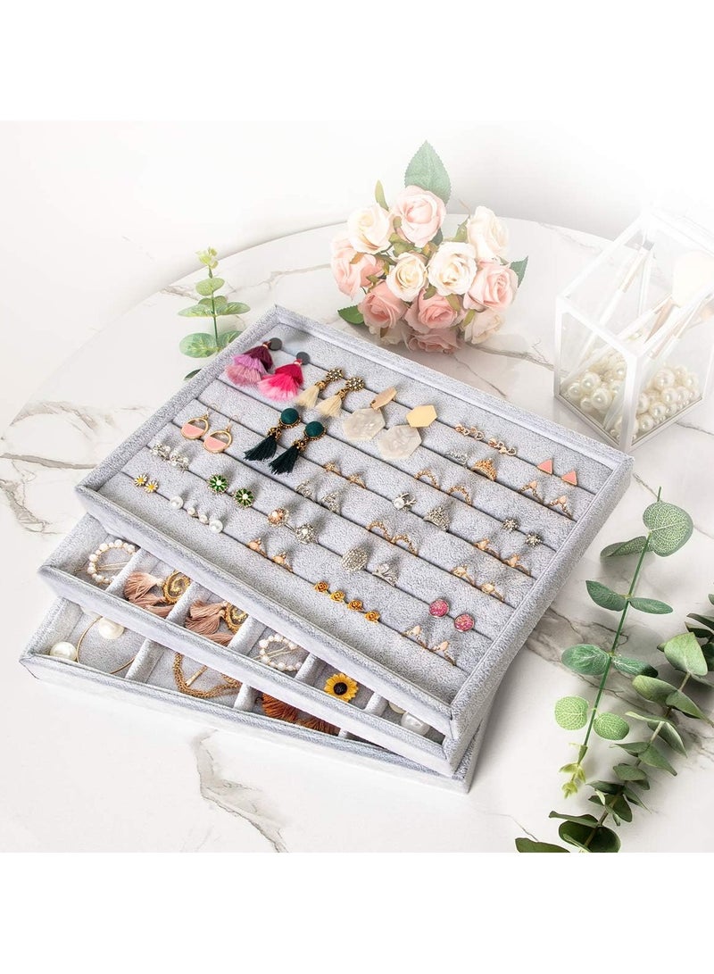 Mebbay Stackable Velvet Jewelry Trays Organizer, Jewelry Storage Display Trays for Drawer, Earring Necklace Bracelet Ring Organizer, Set of 4 (Grey) - Image 1