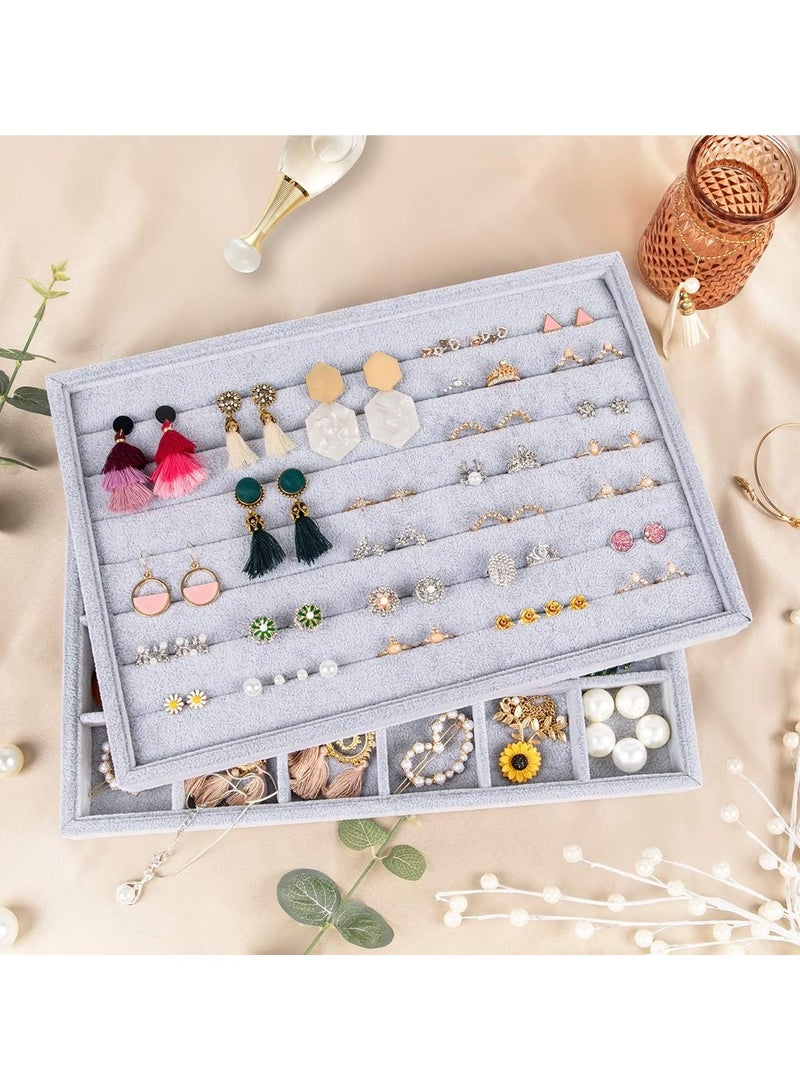 Mebbay Stackable Velvet Jewelry Trays Organizer, Jewelry Storage Display Trays for Drawer, Earring Necklace Bracelet Ring Organizer, Set of 4 (Grey) - Image 3