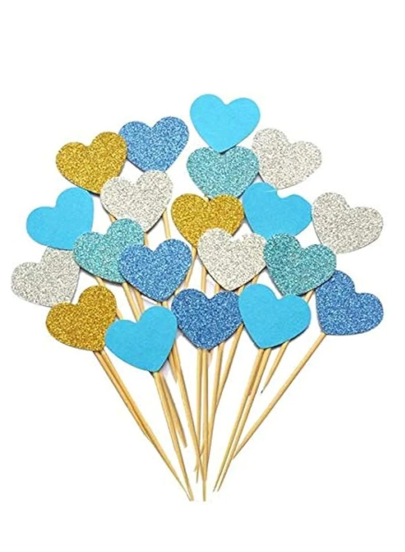 20 Handmade Lovely Blue Heart Cupcake Toppers Cake Party Supplies Birthday Wedding Party Decoration 