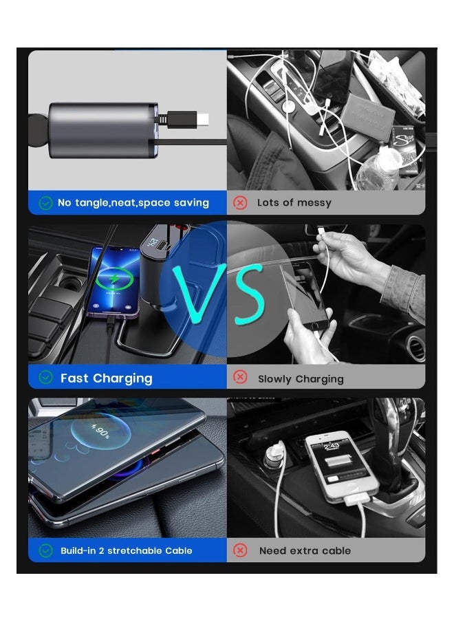 شاحن سيارة 4 في 1 بكابل مزدوج قابل للسحب، محول سيارة USB C PD للشحن السريع بمنفذين، محول ولاعة السيارة مع شاشة الفولتية متوافق مع آيفون 14 13 برو ماكس، آيباد، سامسونغ - pzsku/Z4E3457891B37710454AEZ/45/_/1736805286/15f98fdc-be72-4ad8-99e8-fdf4257a3520