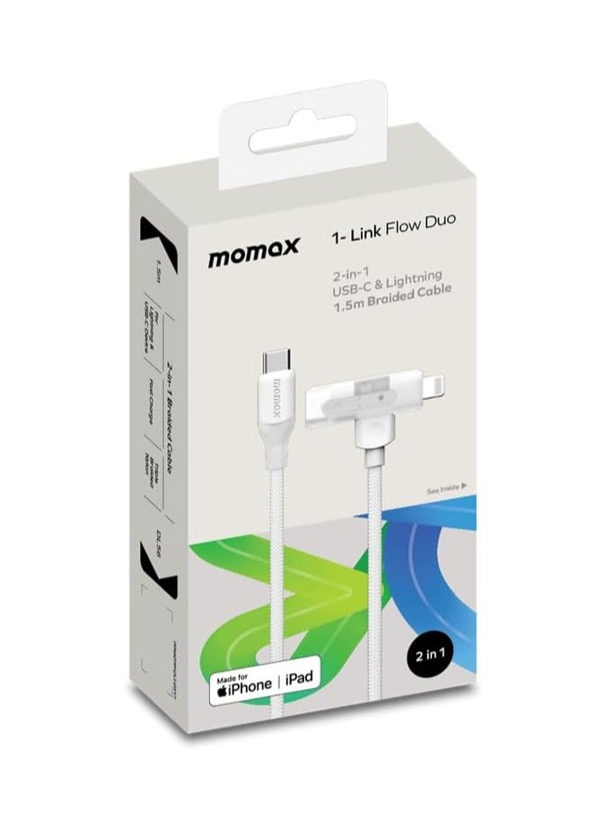 Momax 1-Link Flow Duo 2-IN-1 USB-C to USB-C + Lightning Braided Cable 1.5m -  MFi Certified, Fast Charging, Heavy Duty 35,000 Bends, for iPhone 15/14/13/12 Pro Max/Pro/Plus, Samsung S24/S23 - White  - Image 4