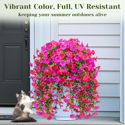 Dolicer 2 Packs Look Real Artificial Flowers for Outdoors, Fake Artificial Hanging Flowers for Outdoors Realistic UV Resistant Faux Hanging Flowers Silk Petunia for Porch Patio (Fuchsia+Rose Red) - Image 3