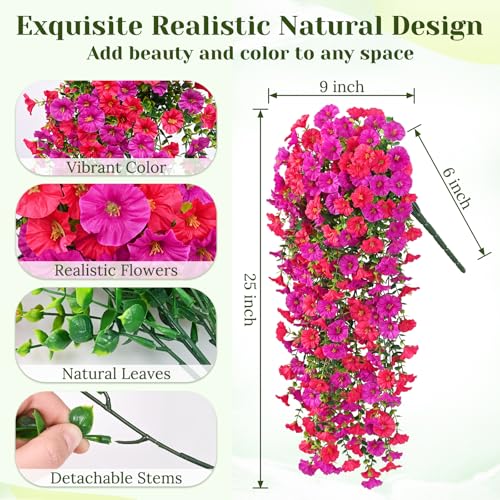 Dolicer 2 Packs Look Real Artificial Flowers for Outdoors, Fake Artificial Hanging Flowers for Outdoors Realistic UV Resistant Faux Hanging Flowers Silk Petunia for Porch Patio (Fuchsia+Rose Red) - Image 4