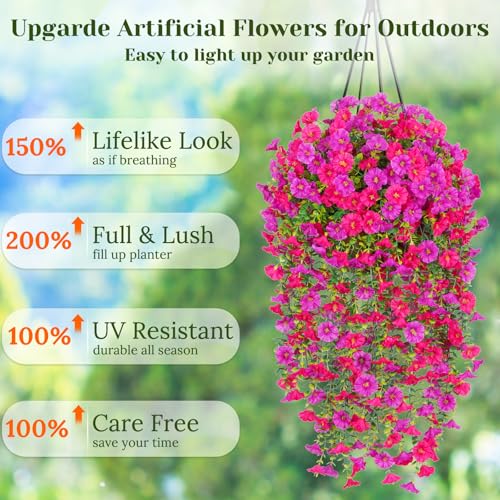 Dolicer 2 Packs Look Real Artificial Flowers for Outdoors, Fake Artificial Hanging Flowers for Outdoors Realistic UV Resistant Faux Hanging Flowers Silk Petunia for Porch Patio (Fuchsia+Rose Red) - Image 2
