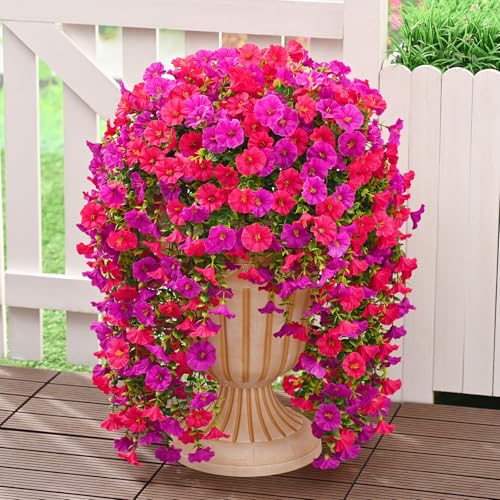 Dolicer 2 Packs Look Real Artificial Flowers for Outdoors, Fake Artificial Hanging Flowers for Outdoors Realistic UV Resistant Faux Hanging Flowers Silk Petunia for Porch Patio (Fuchsia+Rose Red) - Image 1