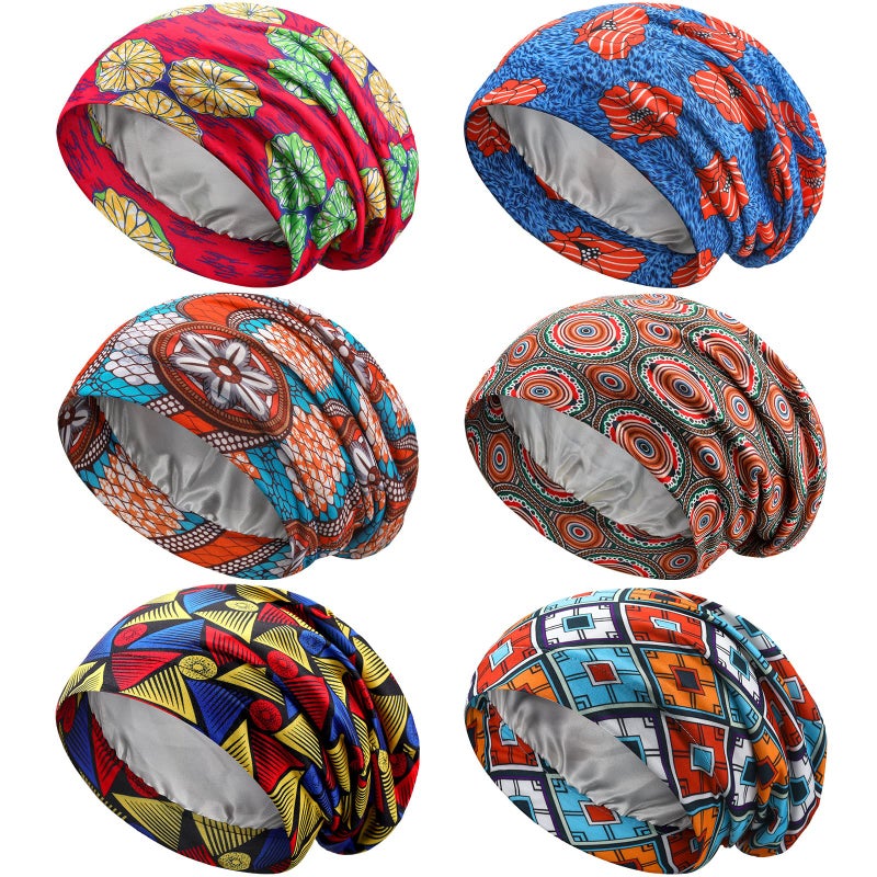 Sintege Sintege 6 Pcs Satin Lined Bonnet Sleep Cap for Women Men African Silk Soft Beanie Hair Sleep Wrap for Natural Curly BraidsVibrant Patterns
