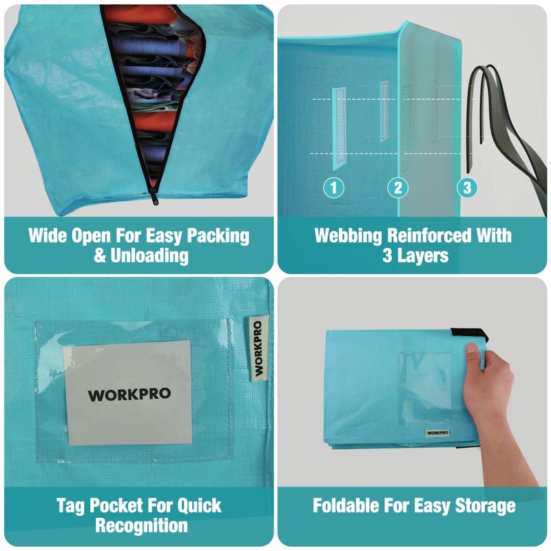 WORKPRO 6 Pack Extra Large Moving Bags with Zippers & Carrying Handles Backpack Straps, Heavy-Duty Storage Tote for Space Saving Moving Storage (Blue) - Image 5