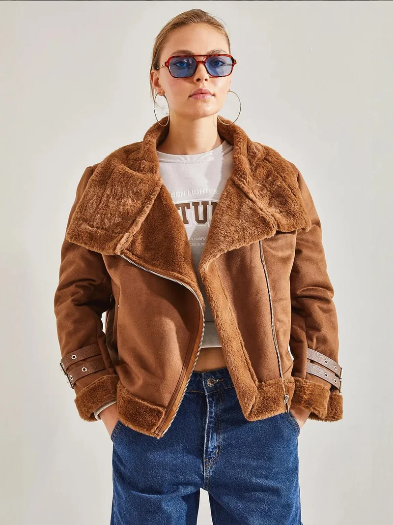 Bianco Lucci LUCCI Faux Leather Shawl Collar Jacket with Faux Fur