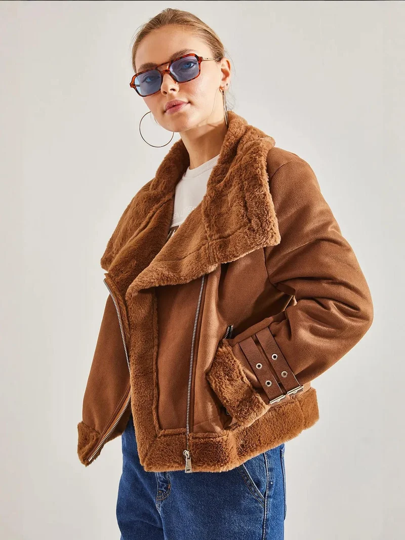 Bianco Lucci LUCCI Faux Leather Shawl Collar Jacket with Faux Fur