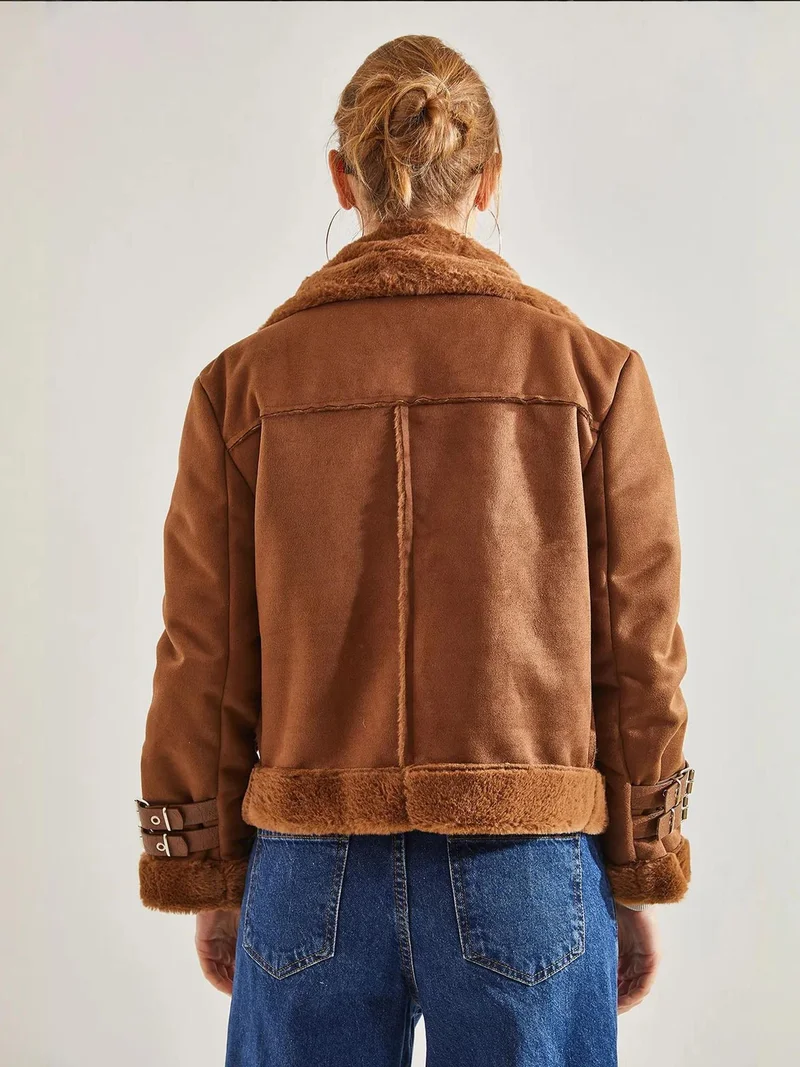 Bianco Lucci LUCCI Faux Leather Shawl Collar Jacket with Faux Fur