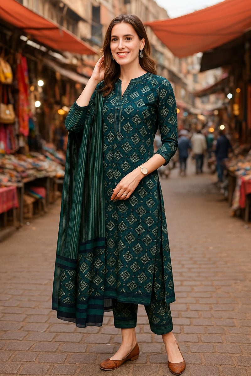 LookMark Women's Cotton Blend Printed Kurta with Pant & Dupatta| Kurta with Pants and Dupatta Set_AZ-LM-KS2116_CG1-L Green - Image 2