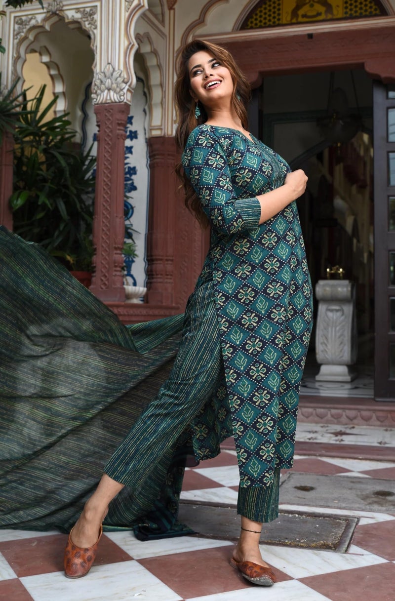 LookMark Women's Cotton Blend Printed Kurta with Pant & Dupatta| Kurta with Pants and Dupatta Set_AZ-LM-KS2116_CG1-L Green - Image 5