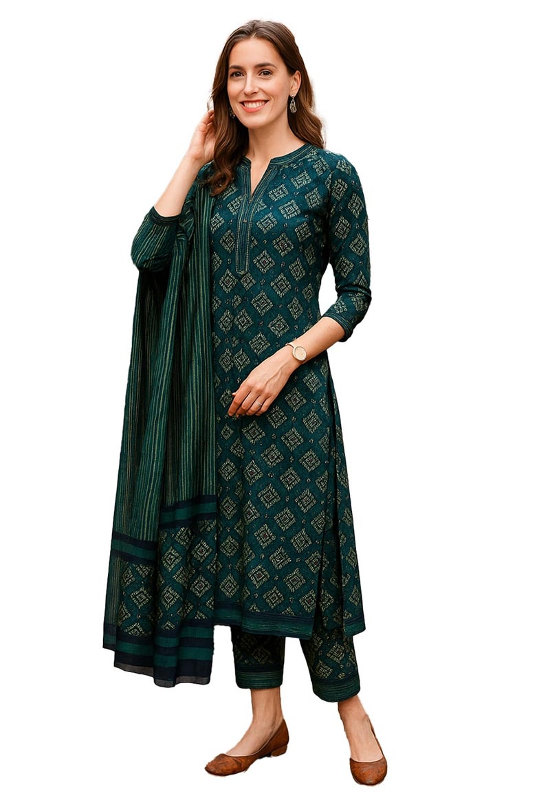 LookMark Women's Cotton Blend Printed Kurta with Pant & Dupatta| Kurta with Pants and Dupatta Set_AZ-LM-KS2116_CG1-L Green - Image 1