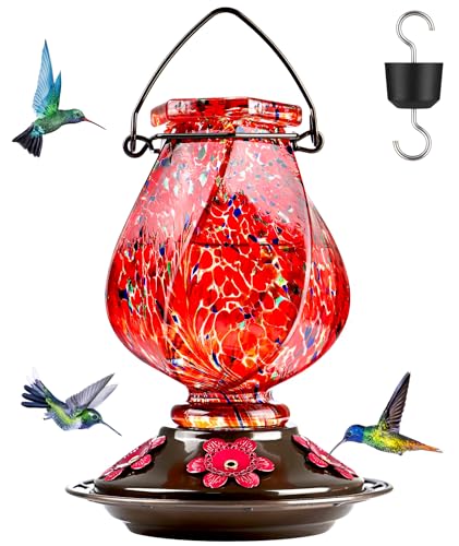 BOLITE Hummingbird Feeder, Hand Blown Glass Hummingbird Feeders for Outdoors Hanging, with Ant Moat and 5 Feeding Ports, 22 Ounces, Red, Birthday Gifts for Women Men, Gifts for Mom Dad - Image 1