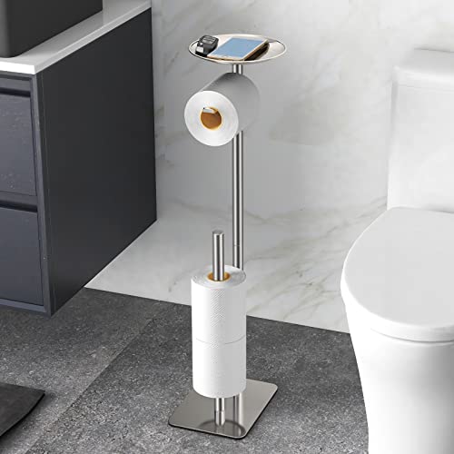 FEILERN Toilet Paper Holder Stand for Bathroom Floor Standing Toilet Roll Dispenser Storages 4 Reserve Rolls, with Top Storage Shelf for Cell Phones, Wipe, Wallet and More(Brush Nickel) - Image 1