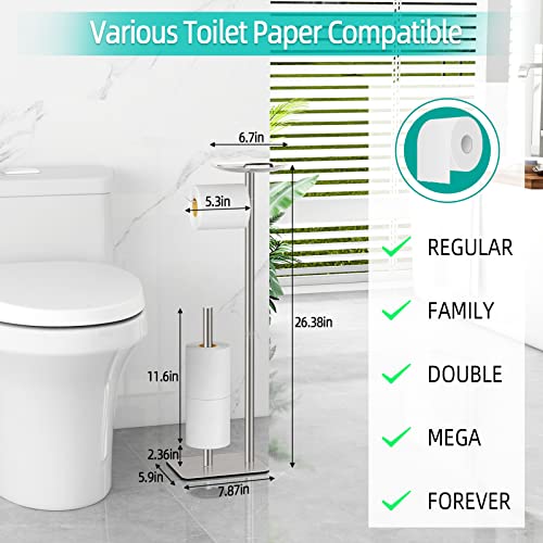 FEILERN Toilet Paper Holder Stand for Bathroom Floor Standing Toilet Roll Dispenser Storages 4 Reserve Rolls, with Top Storage Shelf for Cell Phones, Wipe, Wallet and More(Brush Nickel) - Image 5