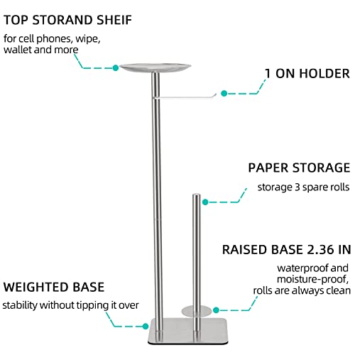 FEILERN Toilet Paper Holder Stand for Bathroom Floor Standing Toilet Roll Dispenser Storages 4 Reserve Rolls, with Top Storage Shelf for Cell Phones, Wipe, Wallet and More(Brush Nickel) - Image 2