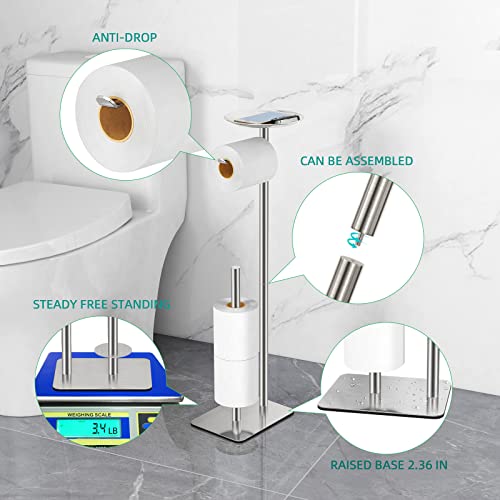 FEILERN Toilet Paper Holder Stand for Bathroom Floor Standing Toilet Roll Dispenser Storages 4 Reserve Rolls, with Top Storage Shelf for Cell Phones, Wipe, Wallet and More(Brush Nickel) - Image 3