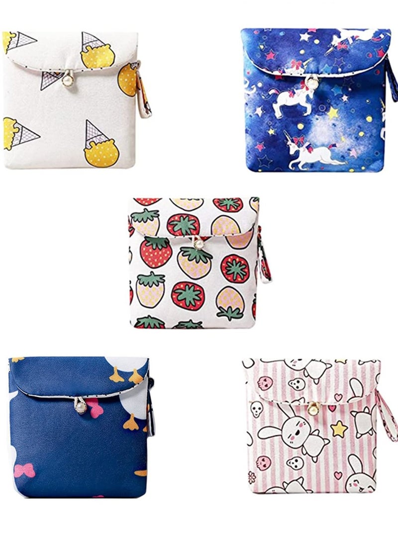 KASTWAVE 5 Pieces Portable Sanitary Napkin Storage Bag Cute Sanitary Storage Bag with Button and Hanging Loop Rectangular Storage Bag Menstrual Pad Bags for Women Girls Cosmetics Candy - Image 1