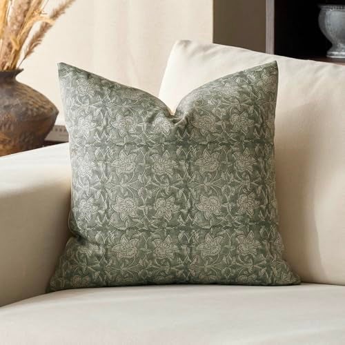 DOMVITUS Floral Pillow Covers 18x18 Throw Pillow Covers Block Print Vintage Decorative Neutral Pillow Cover for Couch Bed Living Room Dusty Green 1PC - Image 1